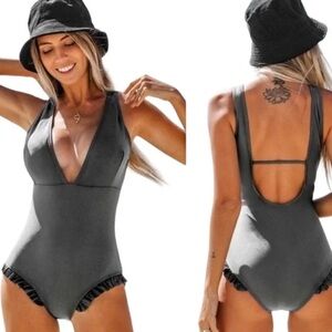 NEW CupShe One Piece Swim Suit Large Pewter Gray Ruffle NWT Padded Bra Cutout